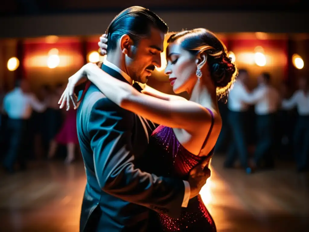 Una pareja de bailarines de tango argentino en un abrazo apasionado, capturando la historia y simbolismo del tango en una milonga íntima y evocadora