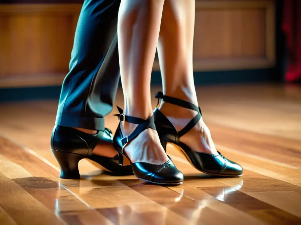 'Pareja de bailarines de tango argentino ejecutando un apasionado movimiento, destacando la historia y simbolismo del tango