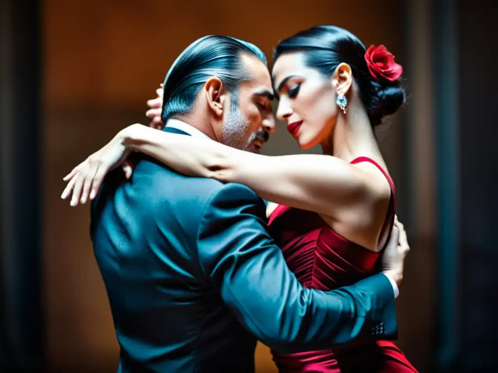 Una pareja de bailarines de tango argentino, con trajes tradicionales, ejecutan una emocionante rutina de baile