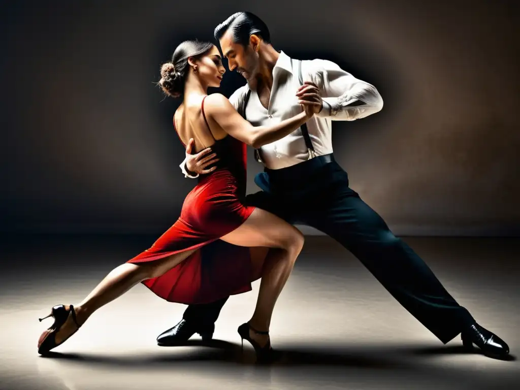 Una pareja de bailarines de tango ejecutando pasos con pasión y precisión, inmersos en la atmósfera cautivadora del tango argentino