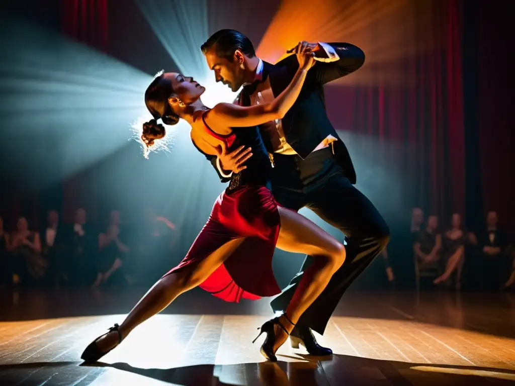 Una pareja de bailarines de tango en una pose dramática durante una actuación, exudando pasión y destreza