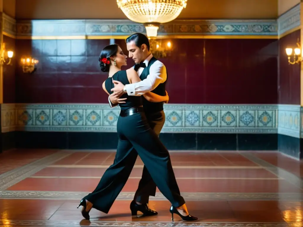 Una pareja de bailarines de tango tradicional en una milonga de Buenos Aires, envueltos en la pasión y el drama de esta danza icónica