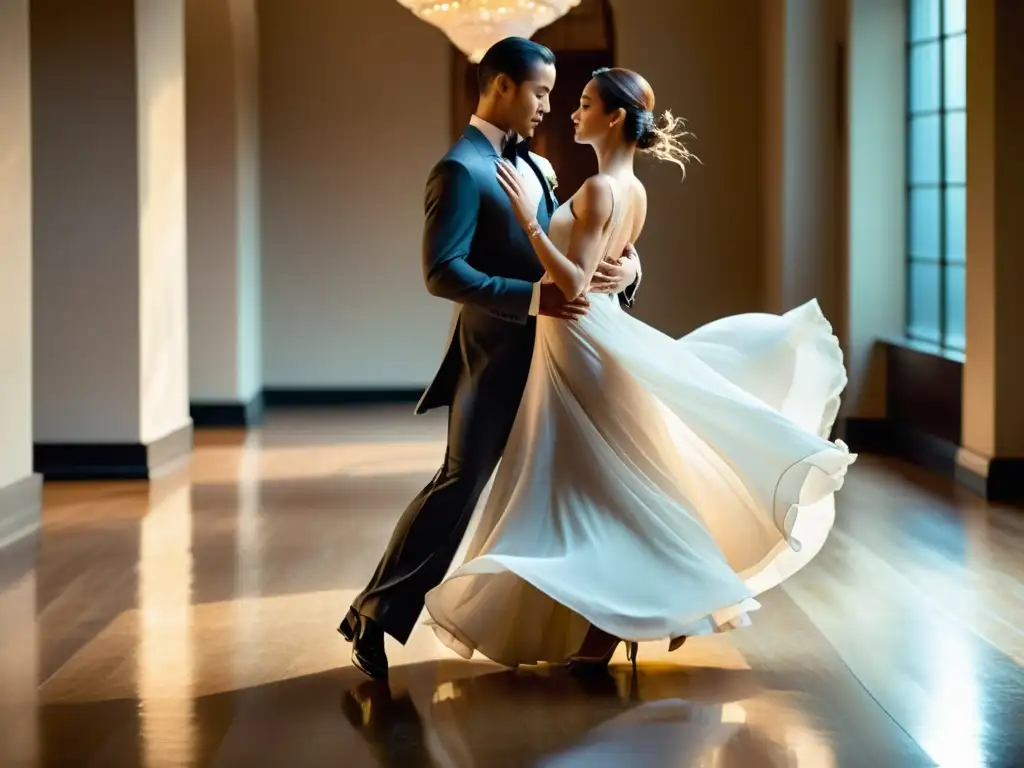 Una pareja de baile de salón elegante y refinada se desliza por el piso pulido, exudando gracia y sofisticación