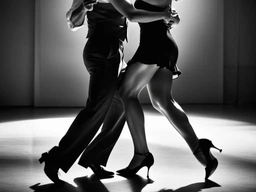 Una pareja de baile de tango se abraza apasionadamente en una imagen en blanco y negro, transmitiendo los beneficios emocionales del baile de tango