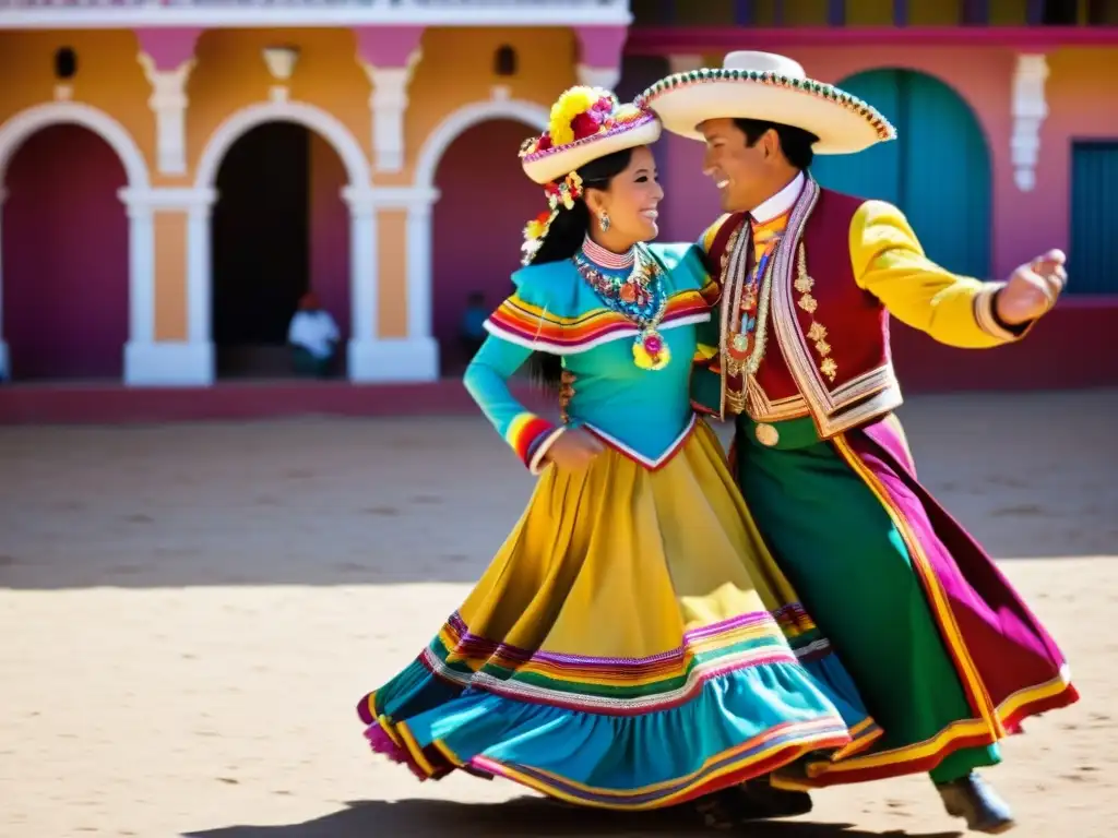 Una pareja boliviana baila la Cueca boliviana con trajes vibrantes y gran significado cultural