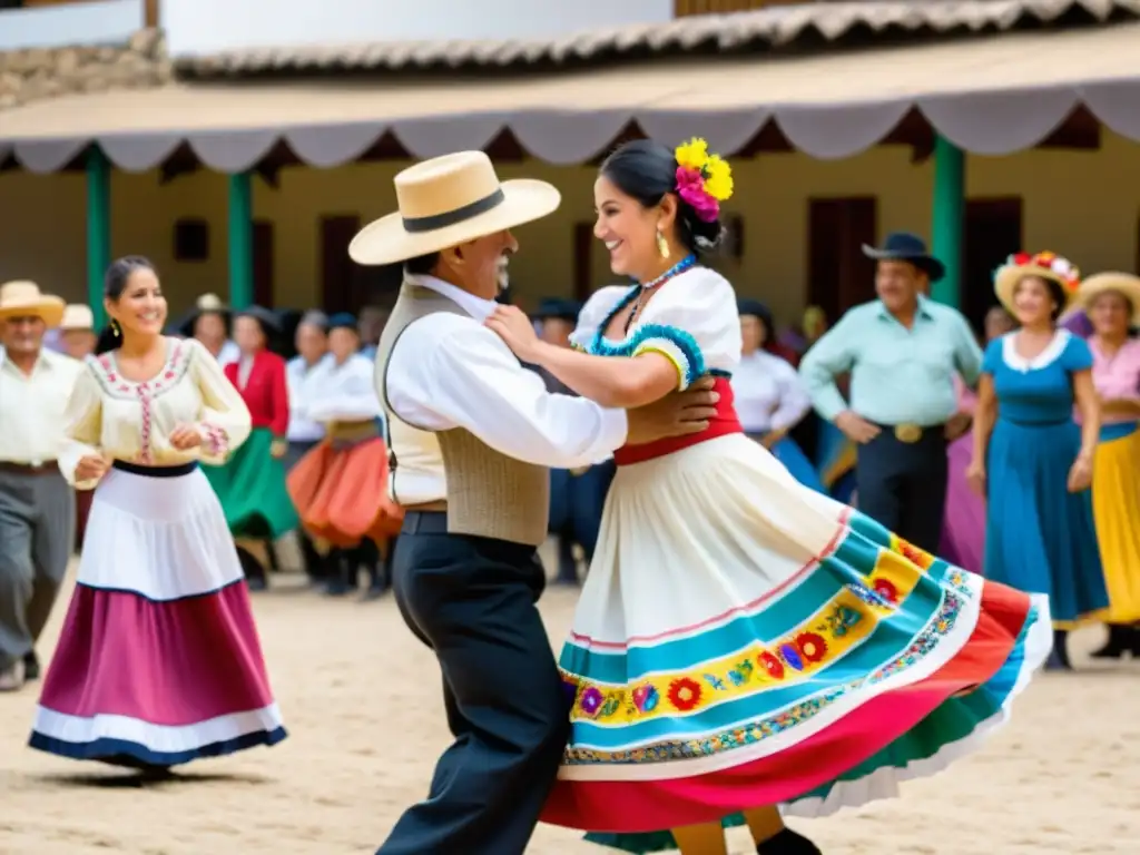 Una pareja chilena baila la Cueca en una plaza vibrante, rodeada de espectadores sonrientes