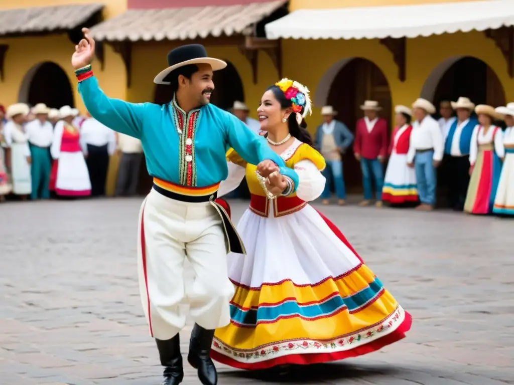 Una pareja chilena realiza la cueca en la plaza, vistiendo trajes tradicionales