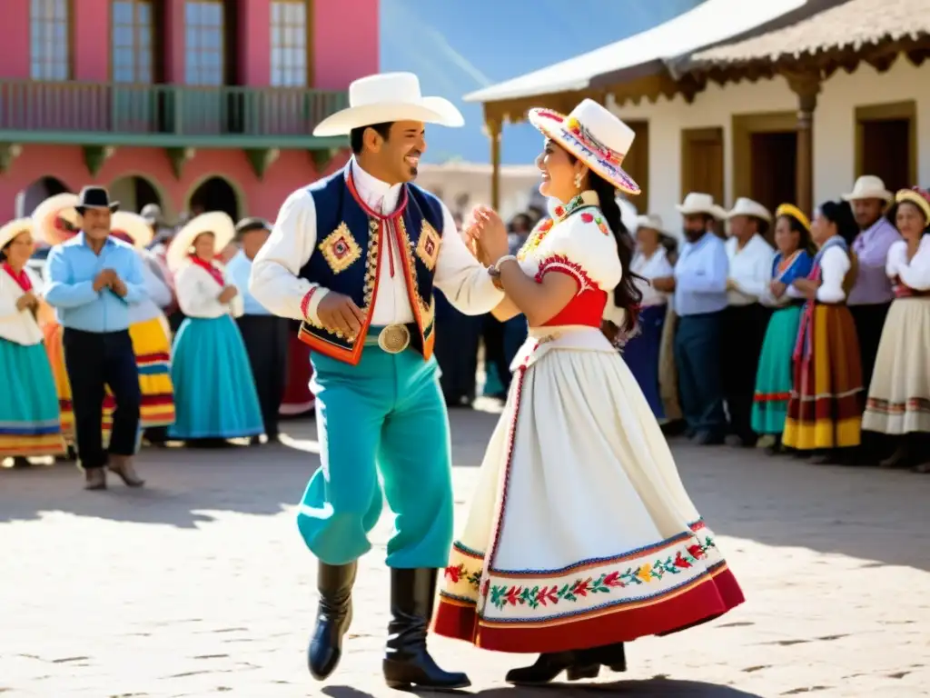 Una pareja chilena baila la cueca en la plaza, rodeada de música y coloridos trajes tradicionales