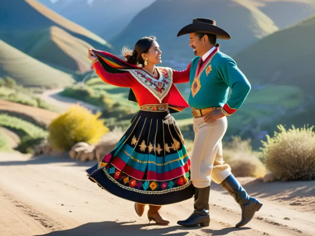 Una pareja chilena vistiendo trajes de cueca, realizando el baile tradicional en un escenario rural de Chile al atardecer