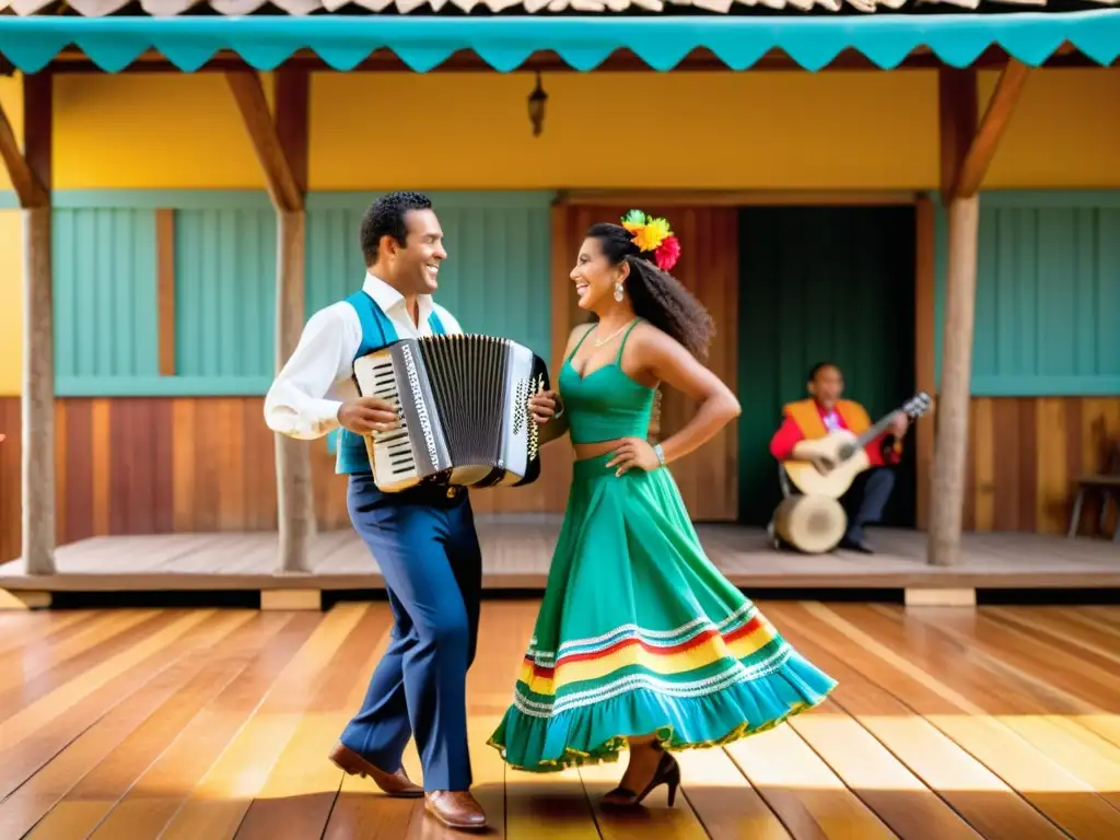 Una pareja baila al compás del xote, con trajes tradicionales brasileños y expresiones alegres