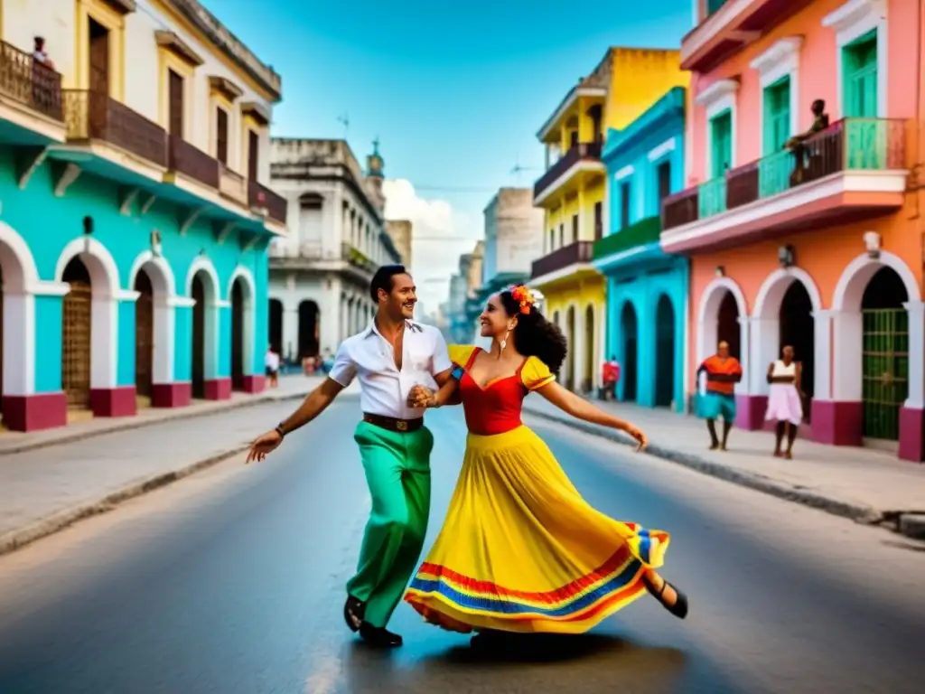 Una pareja baila el Son cubano en una animada calle de Cuba, mostrando el origen y significado del Son cubano