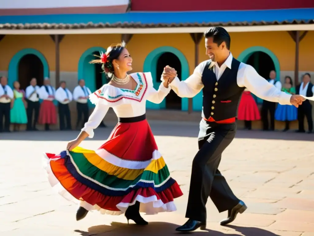 Una pareja baila la Cueca chilena en una plaza vibrante