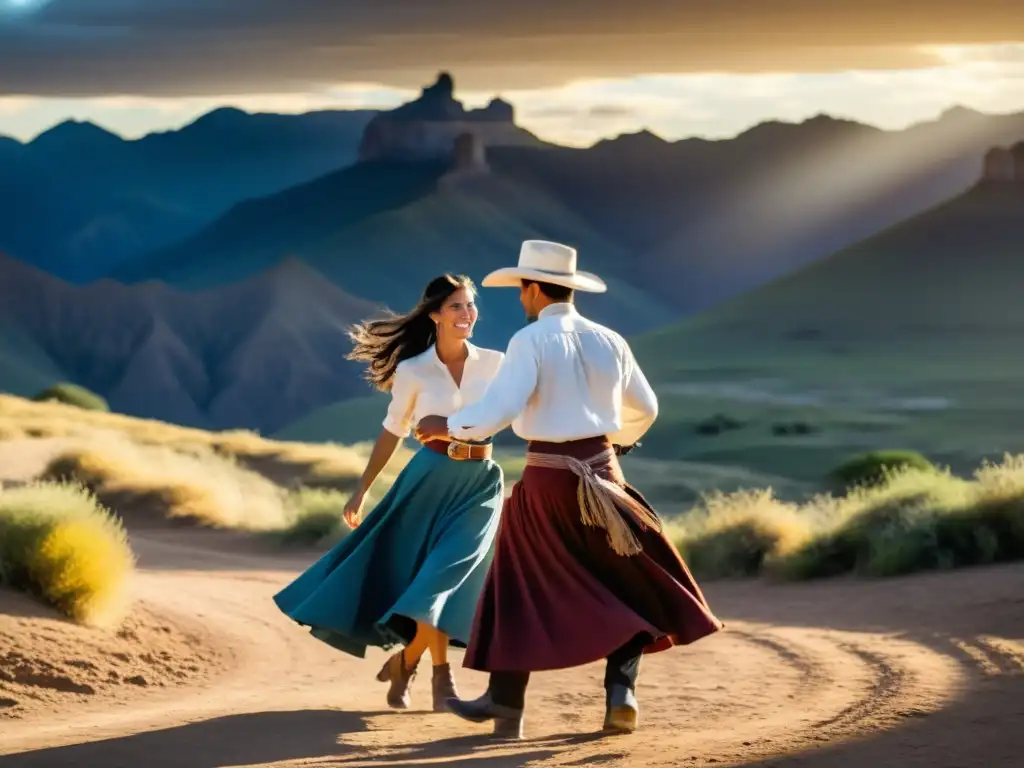 Una pareja baila la Cueca cuyana en la árida campiña argentina, exudando pasión y orgullo por esta tradición folclórica