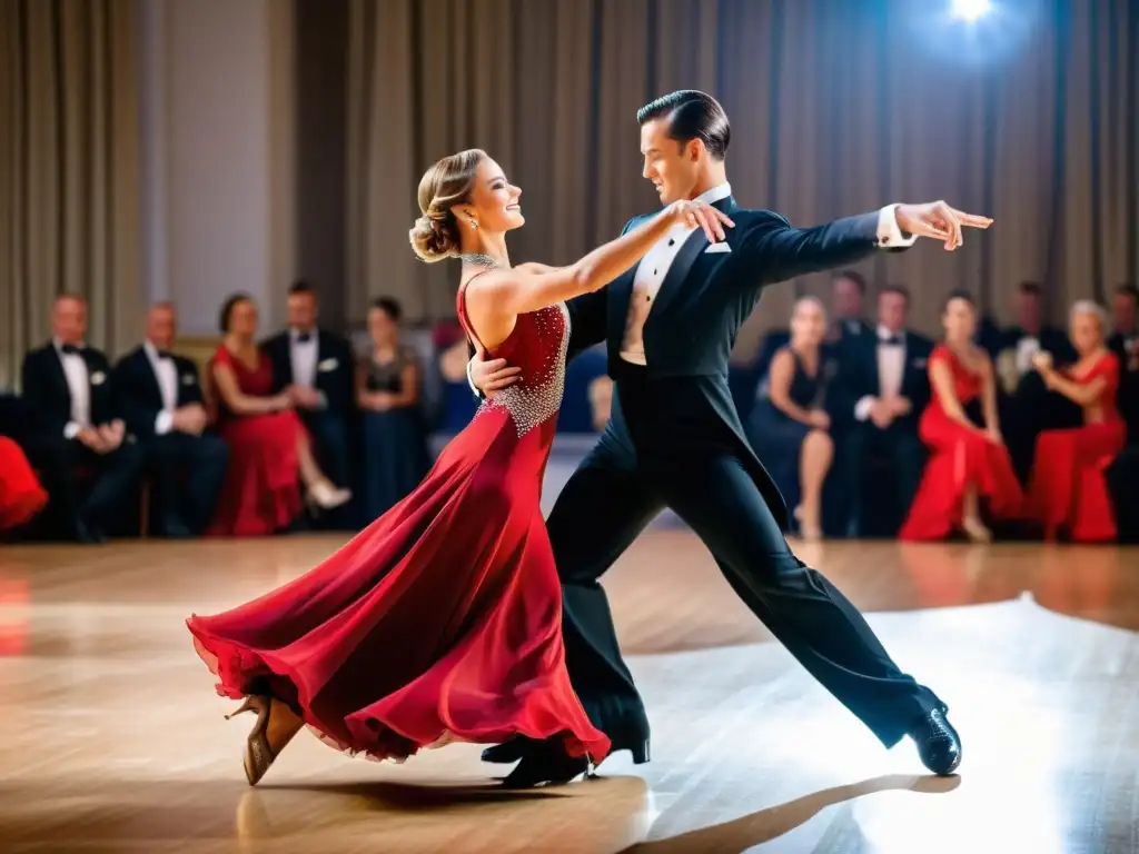 Pareja bailando Quickstep con elegancia y precisión en competencia de baile