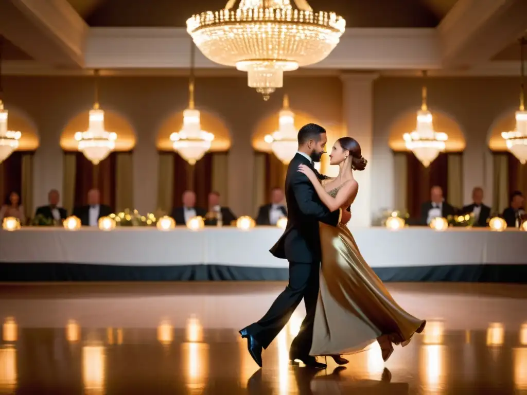 Una pareja bailando con elegancia el Foxtrot en un salón de baile, capturando la sofisticación y el romance