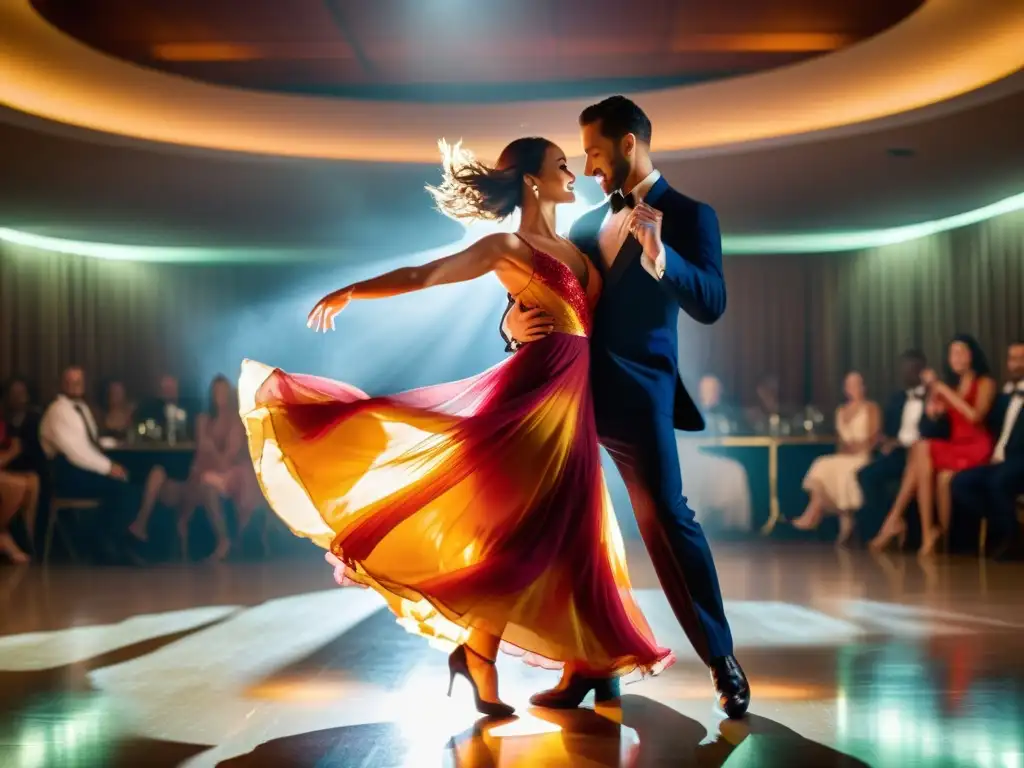 Una pareja baila con elegancia y pasión al compás, creando una atmósfera romántica en la pista de baile iluminada