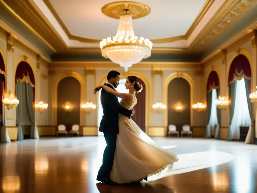 Una pareja baila con elegancia en un salón histórico mientras un instructor de danzas de salón los guía con gracia