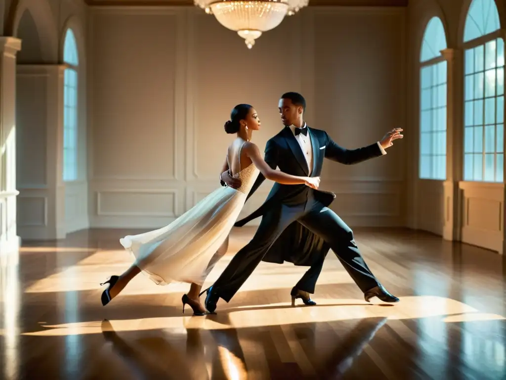 Una pareja elegante baila un vals con gracia y precisión en un salón de baile, capturando la atmósfera de las clases de vals en video