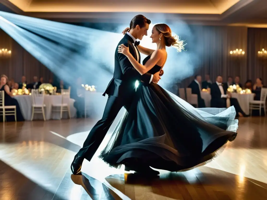 Una pareja elegante bailando vals, deslizándose con gracia y refinamiento en un salón iluminado, demostrando la belleza del baile