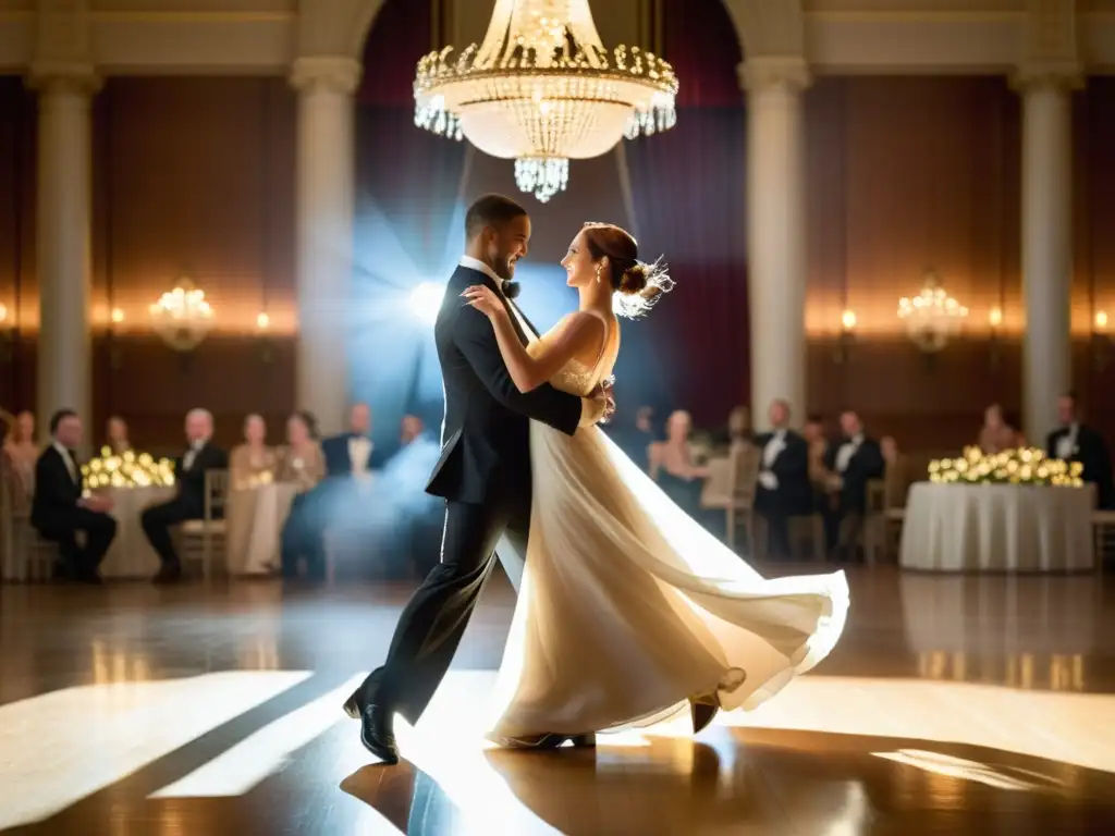 Una pareja baila con gracia bajo la cálida luz de un elegante candelabro, reflejando elegancia y conexión emocional