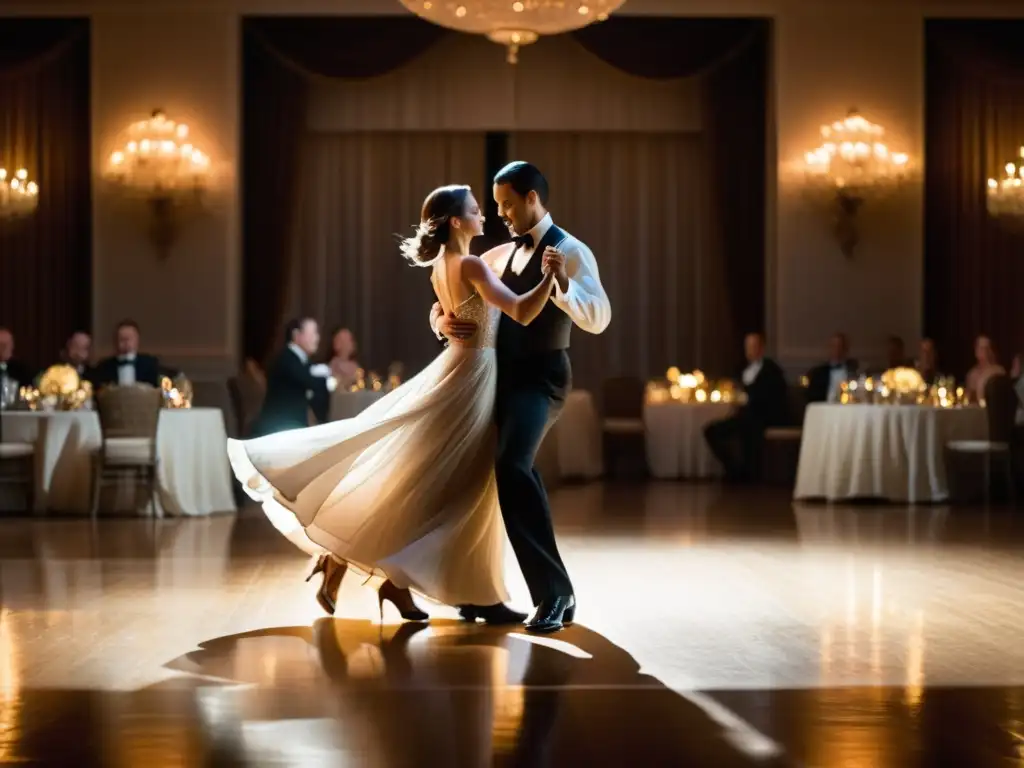 Una pareja baila con gracia y elegancia en una sala de baile iluminada suavemente, transmitiendo la clase y romance del vals