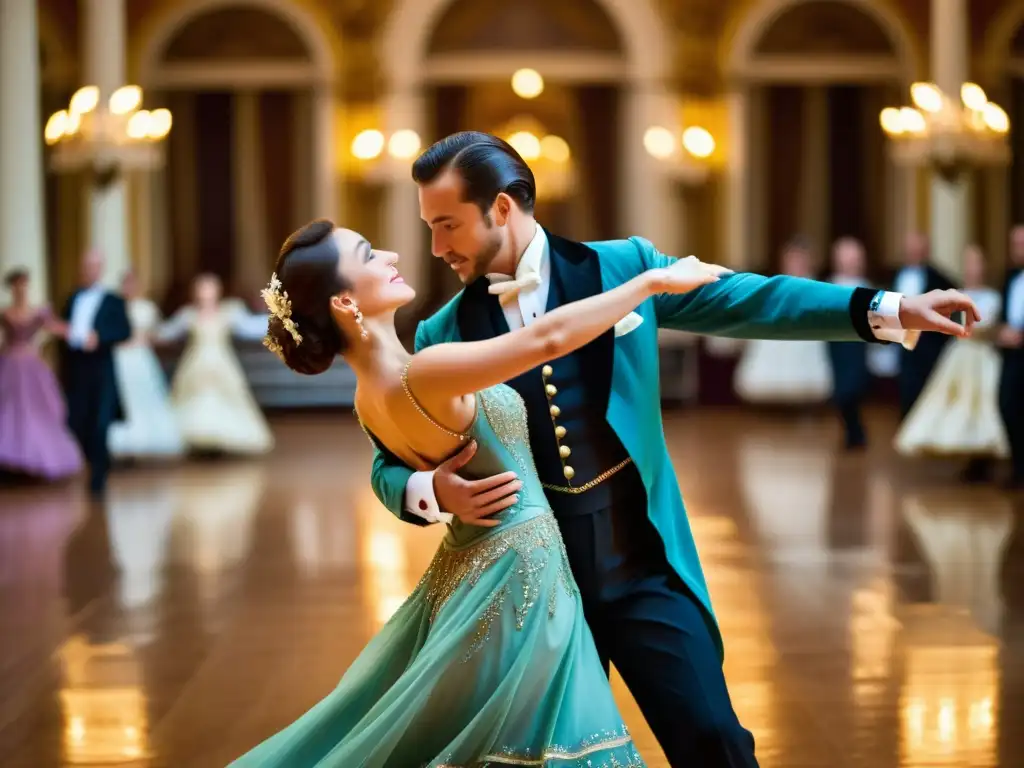 Una pareja ejecuta con gracia la Polonesa en un elegante salón, destacando el significado cultural del remolino en polonesa