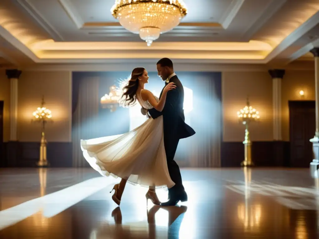 Una pareja baila con gracia en un salón de baile, sus trajes elegantes capturan la luz mientras ejecutan un giro perfecto