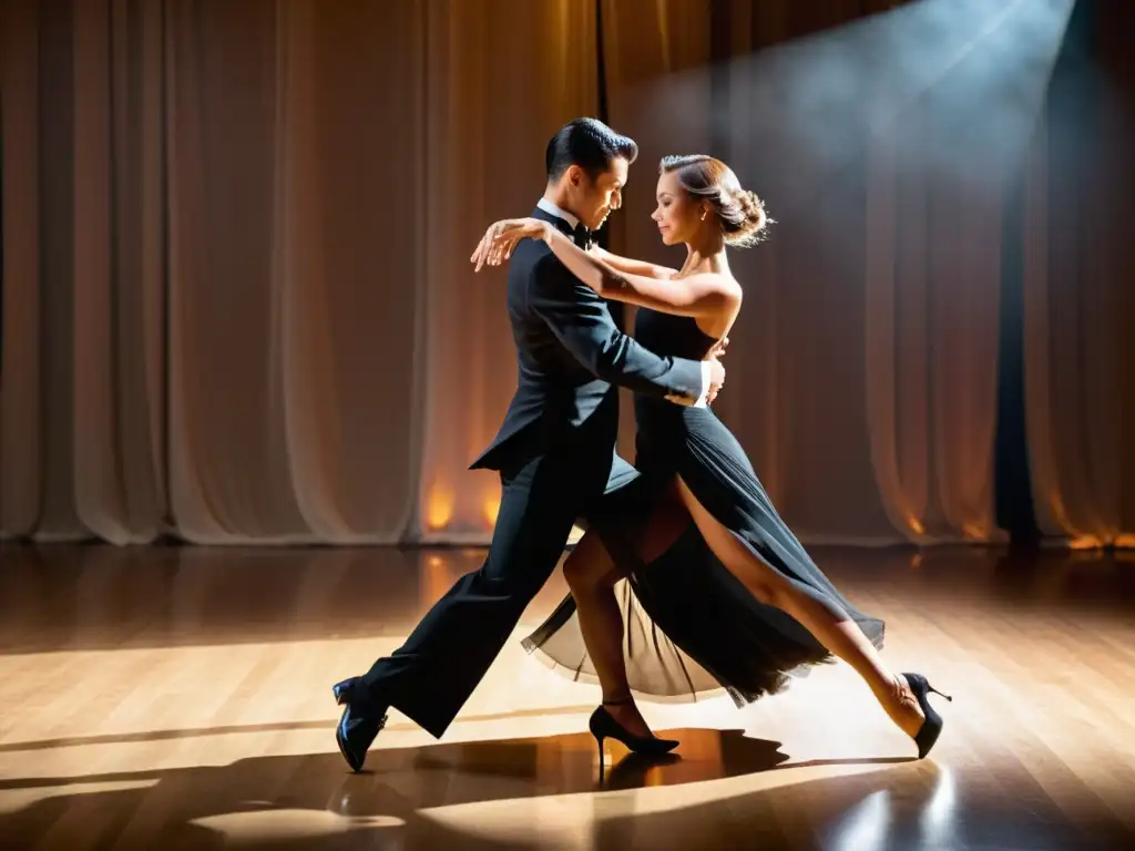 Una pareja baila quickstep con gracia y precisión en un salón de baile iluminado cálidamente