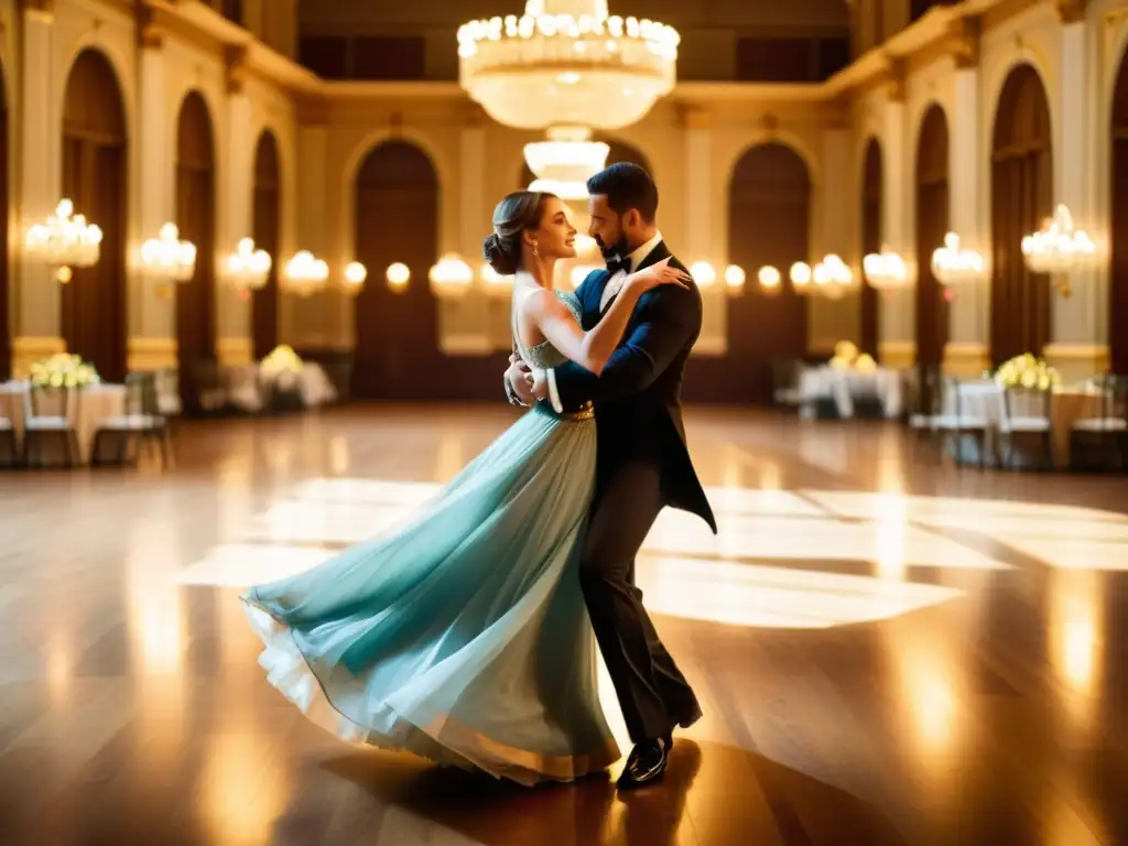 Una pareja ejecuta con gracia y precisión la Técnica de Vals Vienés en un elegante salón de baile, con admiradores cautivados