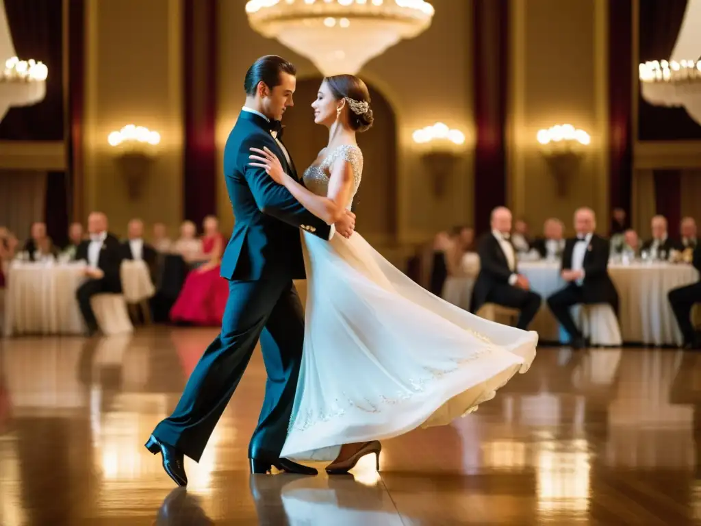 Una pareja danzando con gracia el Vals Vienés, mostrando elegancia y técnica en su baile