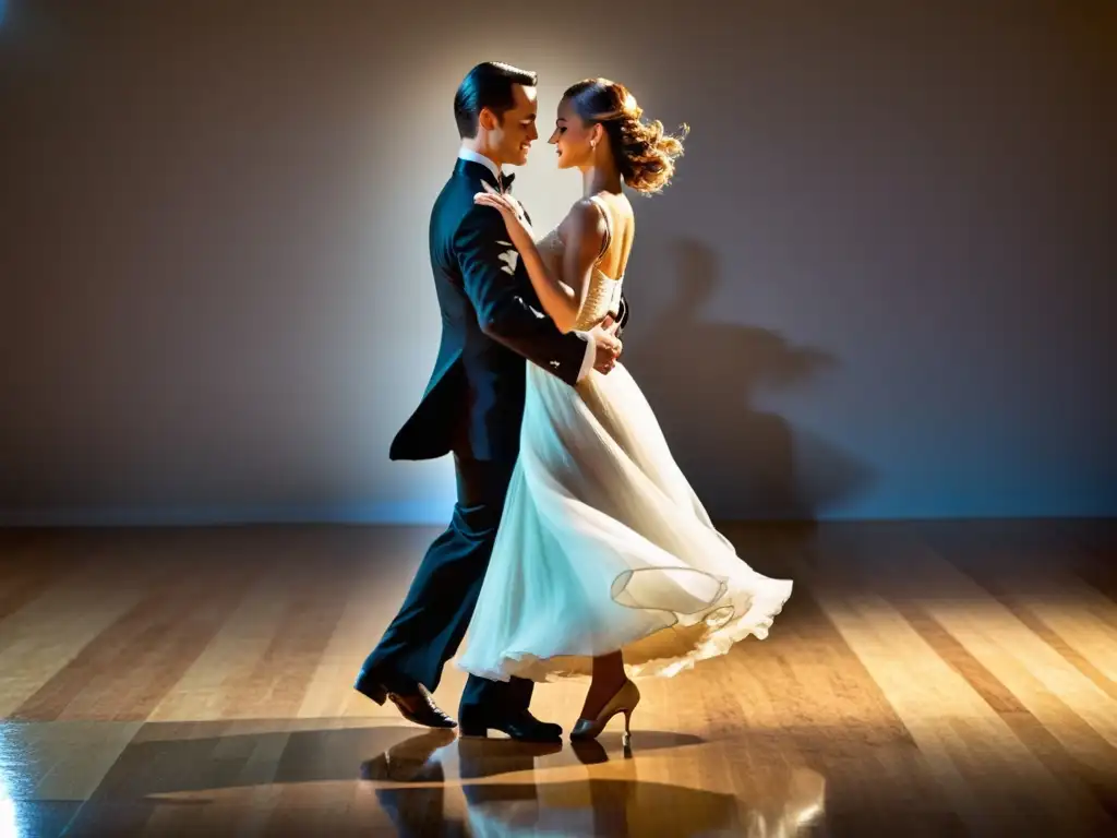 Una pareja ejecuta un impecable baile de quickstep en un elegante salón de baile