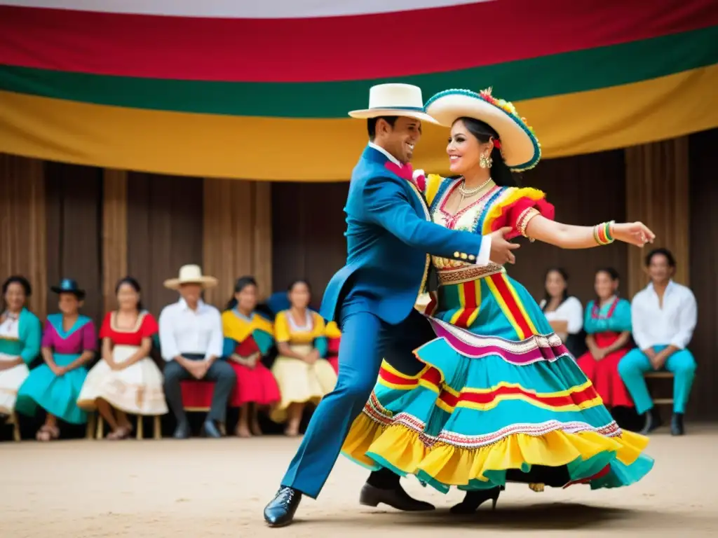 Apasionada danza Marinera peruana: pareja elegante en movimiento Una pareja baila Marinera Peruana con elegancia y pasión, luciendo trajes coloridos y movimientos precisos