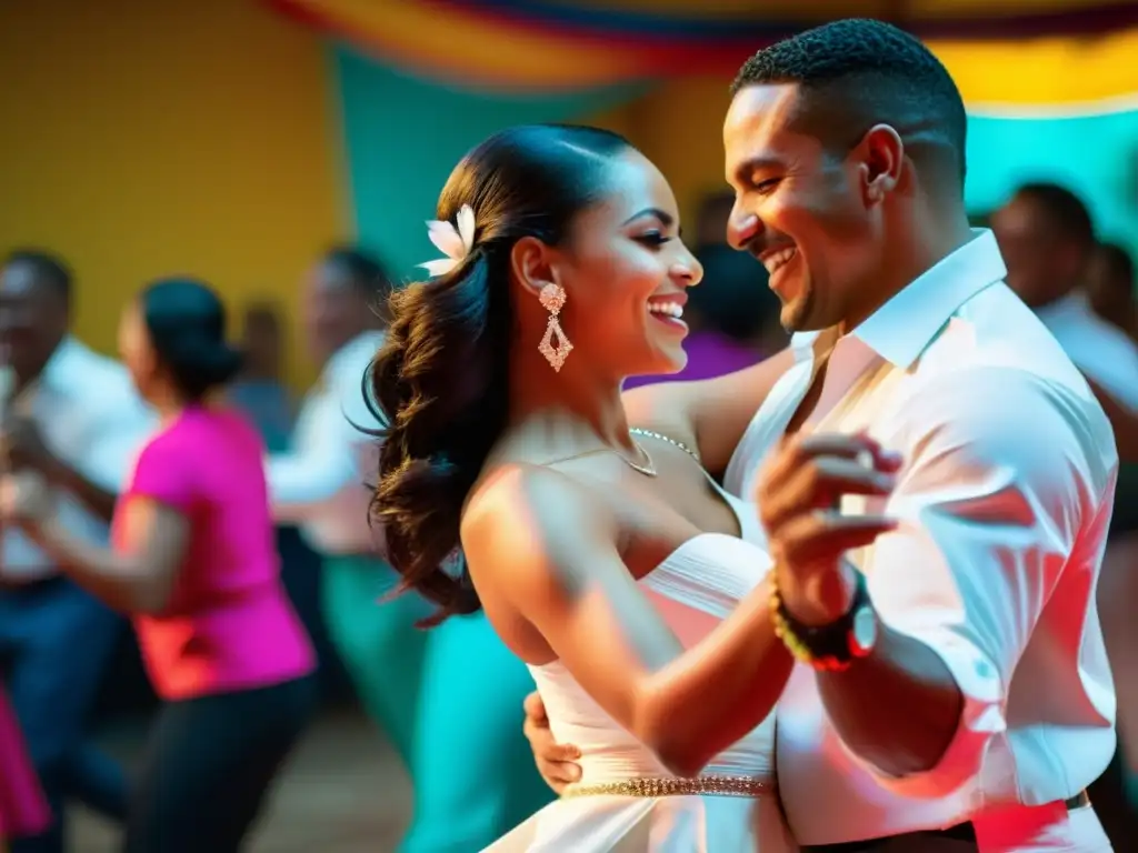 Una pareja bailando merengue dominicano con técnicas precisas, en una fiesta festiva y vibrante