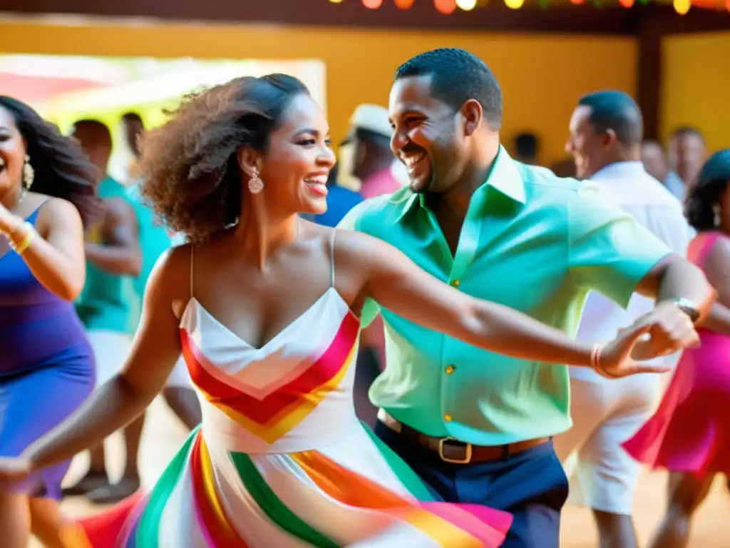 Pareja bailando el merengue en una fiesta dominicana, con sus cuerpos fluidos al ritmo de la música