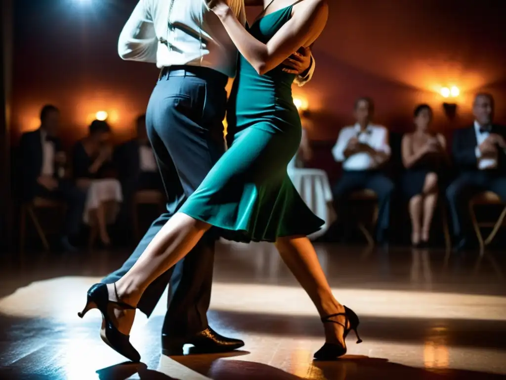 Una pareja ejecuta pasos de tango tradicionales en una milonga atmosférica de Buenos Aires, con movimientos precisos y expresiones intensas