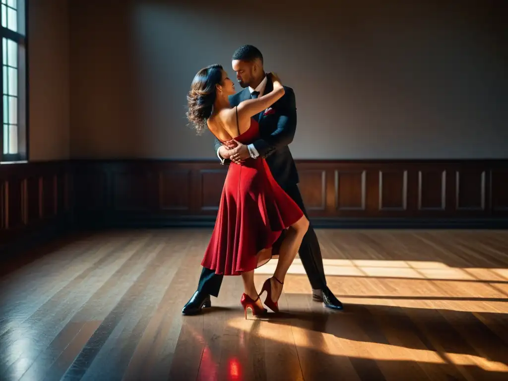 Una pareja baila con pasión en un salón iluminado, fusionando tango electrónico: historia, técnica, significado