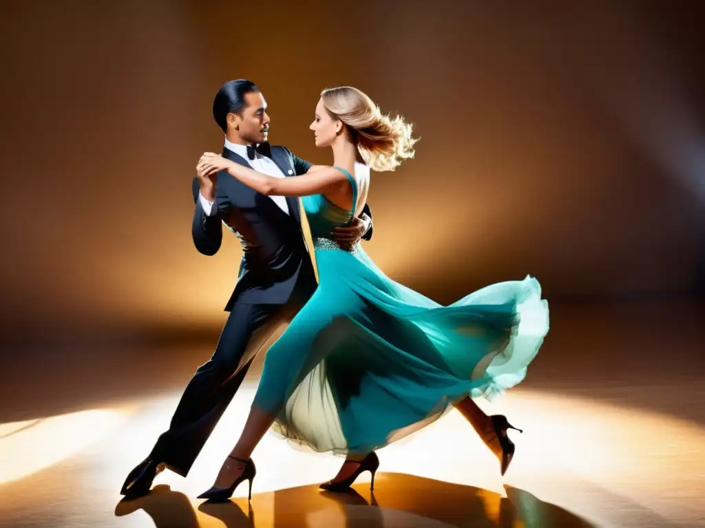 Pareja bailando un sensual y elegante baile de salón, demostrando los beneficios para la salud mental