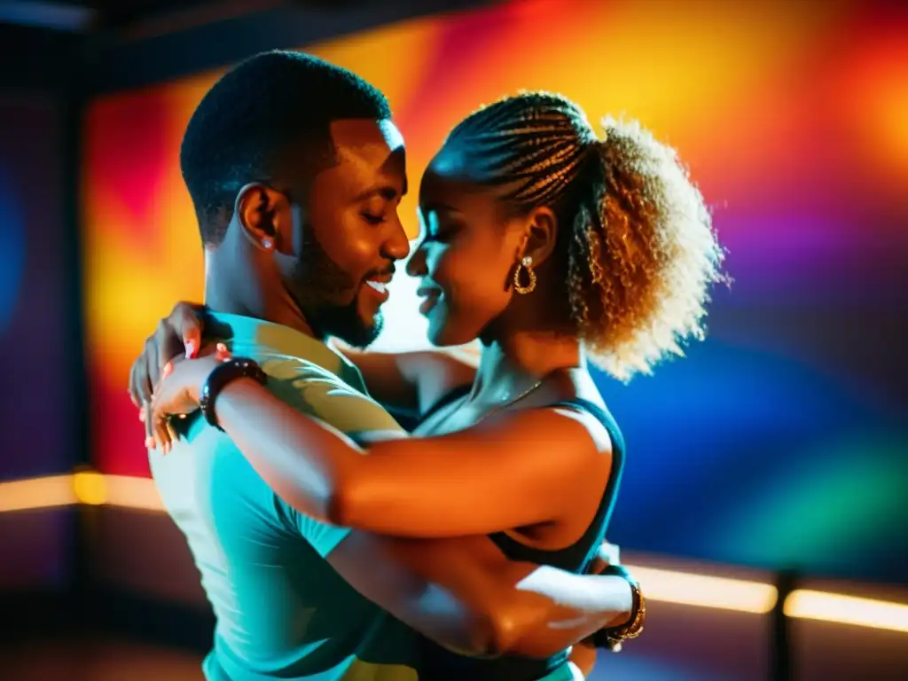 Una pareja bailando Kizomba en un taller con luces tenues, expresiones intensas y conexión palpable