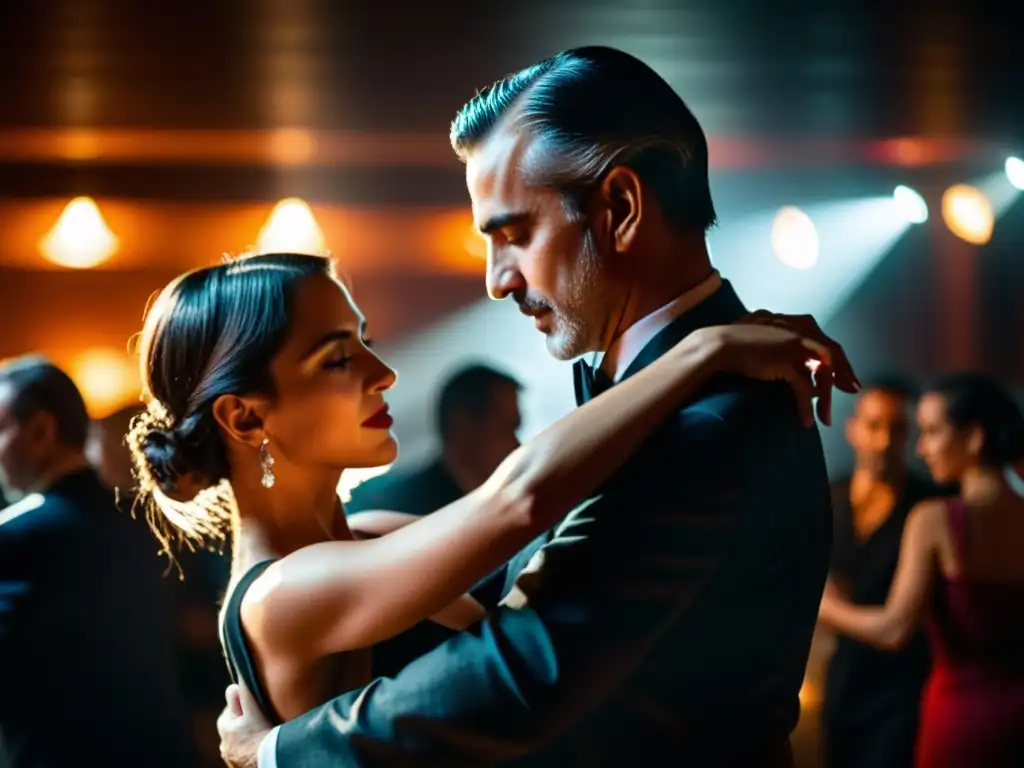 Una pareja bailando tango argentino significado cultural en una milonga atmosférica, transmitiendo pasión y conexión en cada movimiento