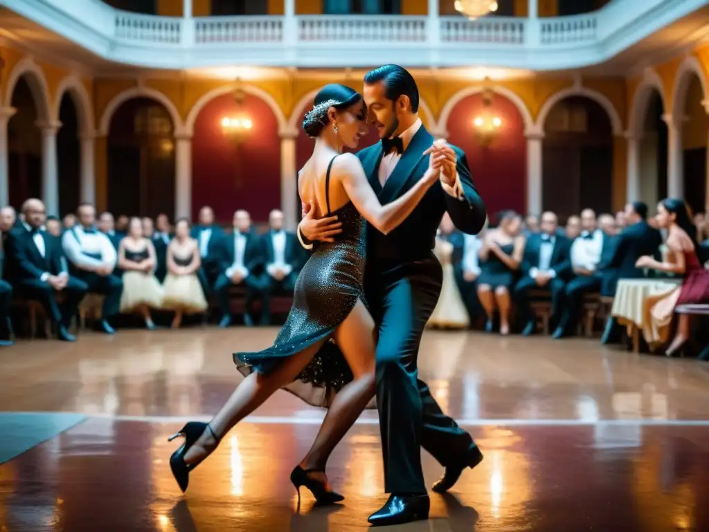 Una pareja bailando tango apasionadamente en Buenos Aires, con atuendos clásicos y una atmósfera de admiración y asombro