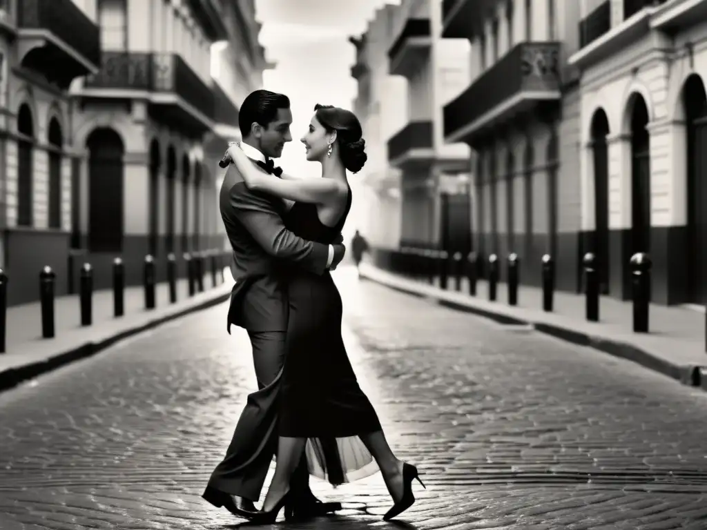 Una pareja baila tango en una calle de Buenos Aires al atardecer, evocando el origen y evolución del tango en Argentina