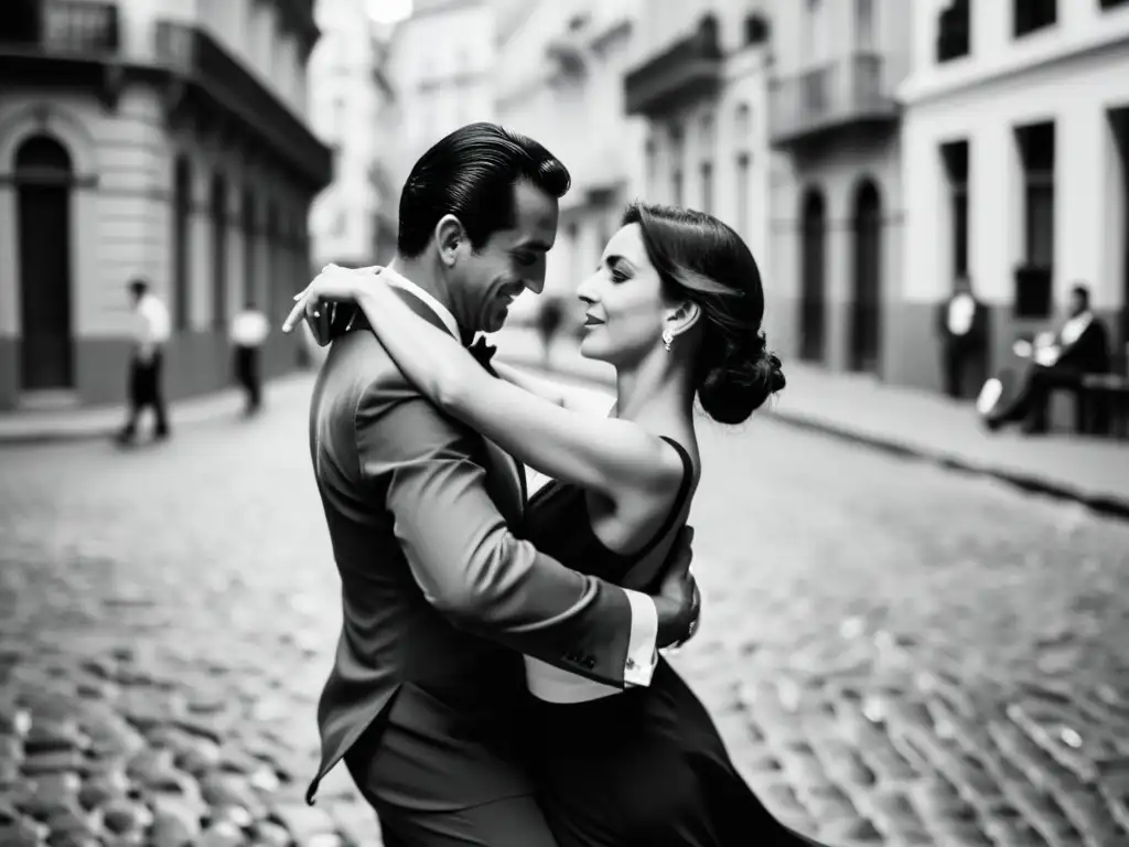 Una pareja baila tango en las calles empedradas de Buenos Aires, con pasión y destreza, evocando los Retiros de Tango en Buenos Aires