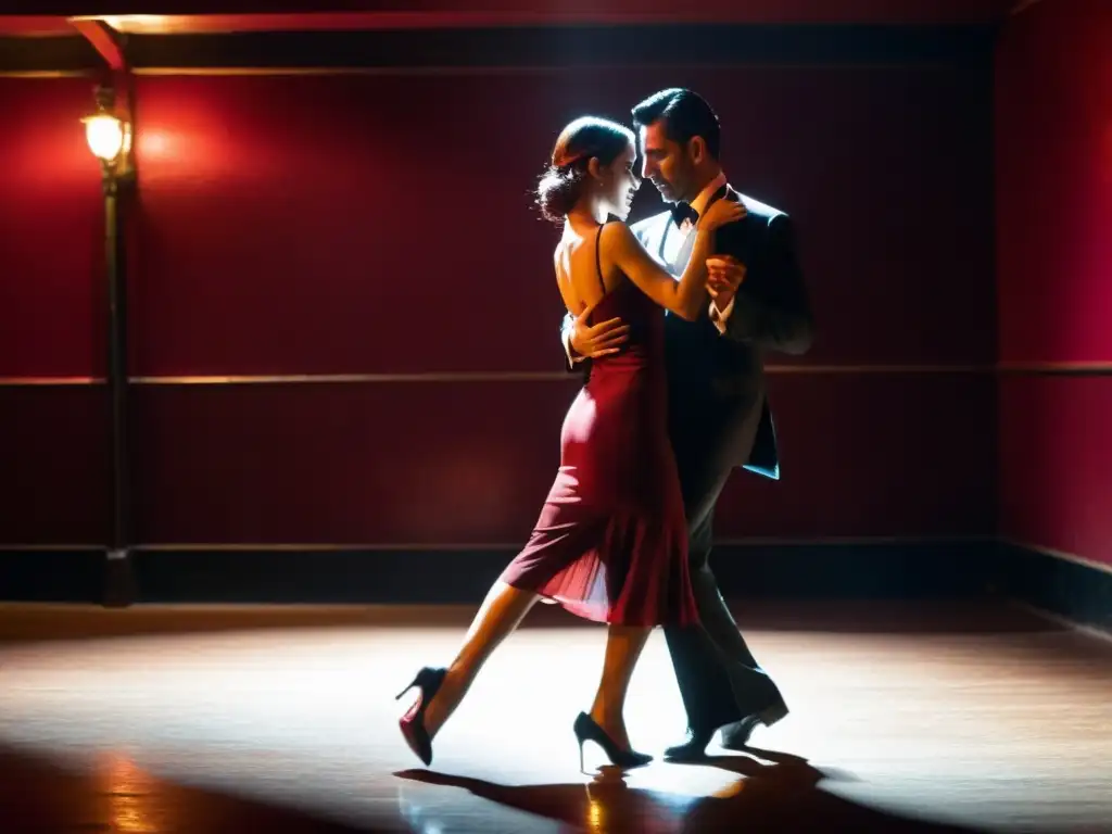 Una pareja bailando tango en un club de Buenos Aires, con trajes elegantes y pasión palpable, capturando el significado cultural del tango argentino