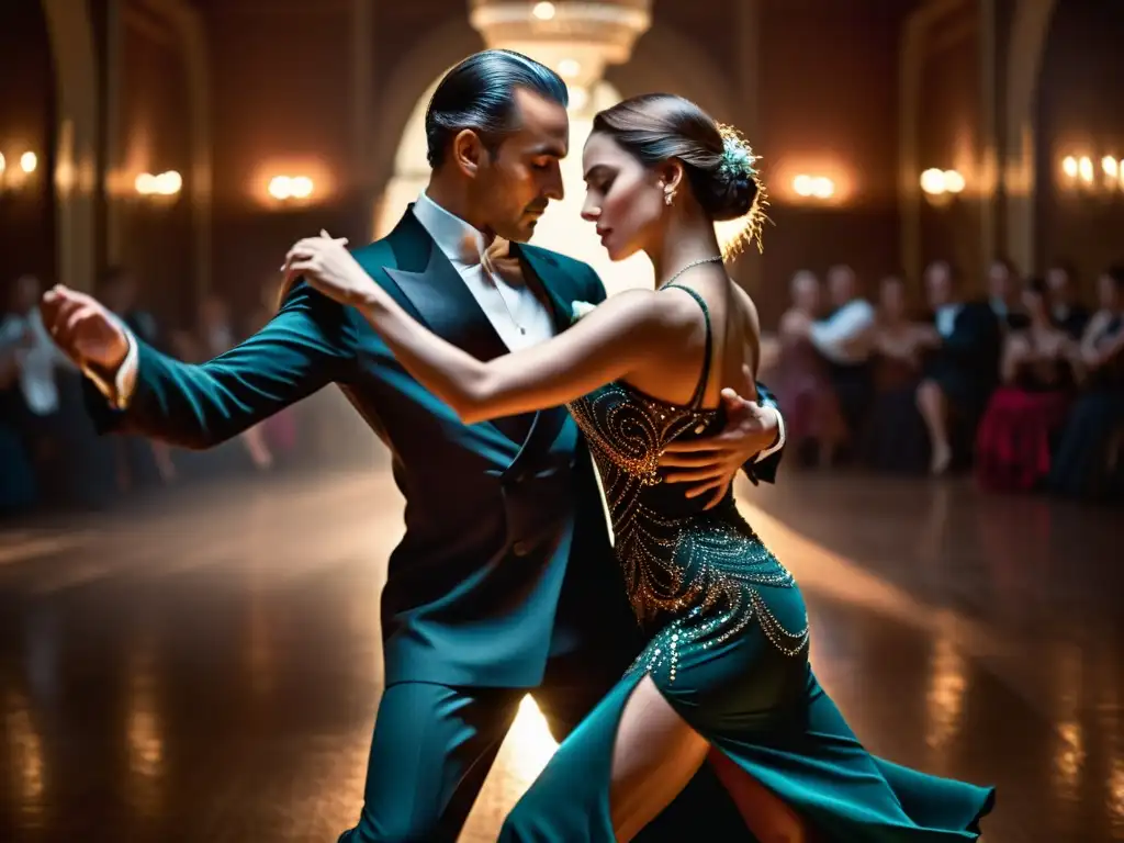 Una pareja baila tango con pasión en una elegante sala de baile, destacando el significado cultural de bailes de salón