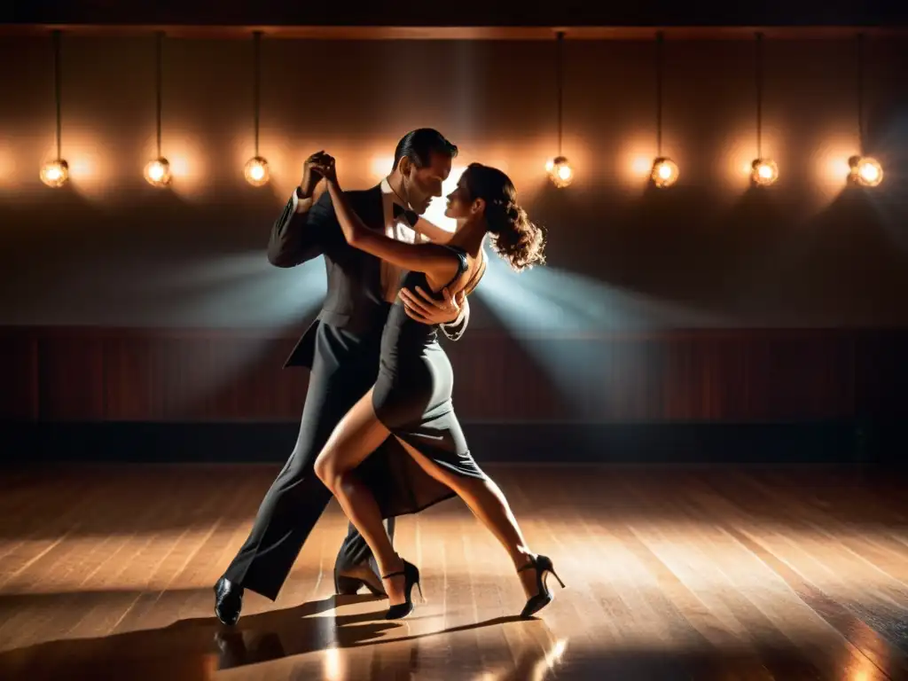 Una pareja bailando tango en un estudio con atmósfera romántica