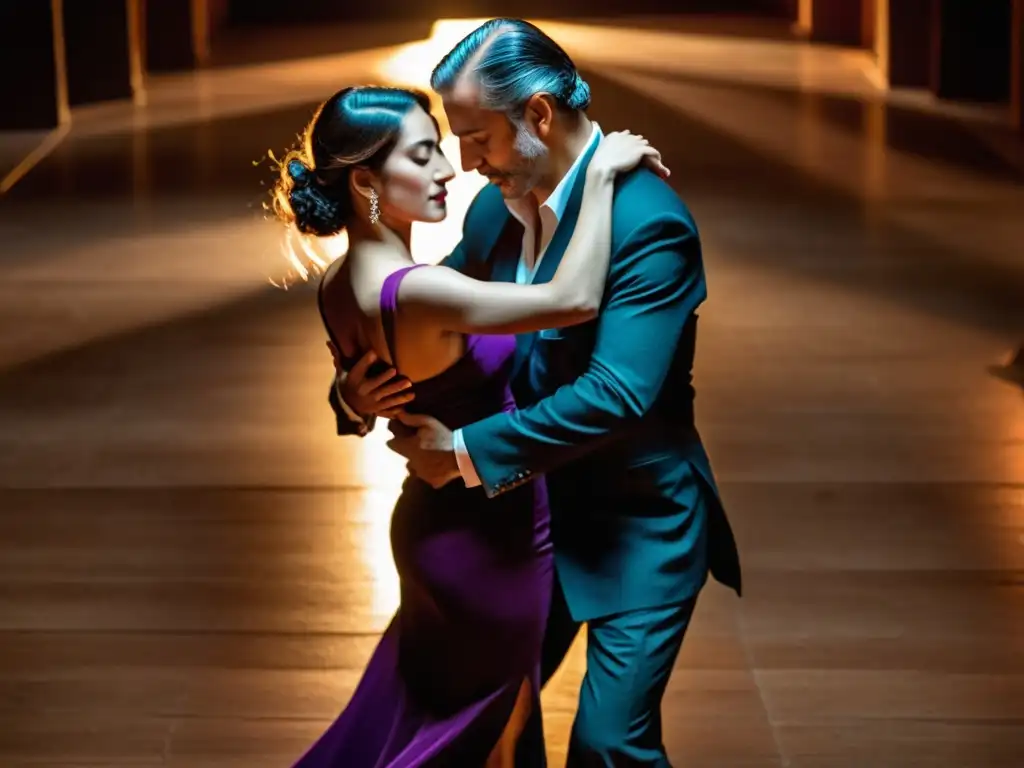 Una pareja baila tango en una milonga íntima, con un estilo íntimo del tango milonguero, envueltos en la pasión y la conexión