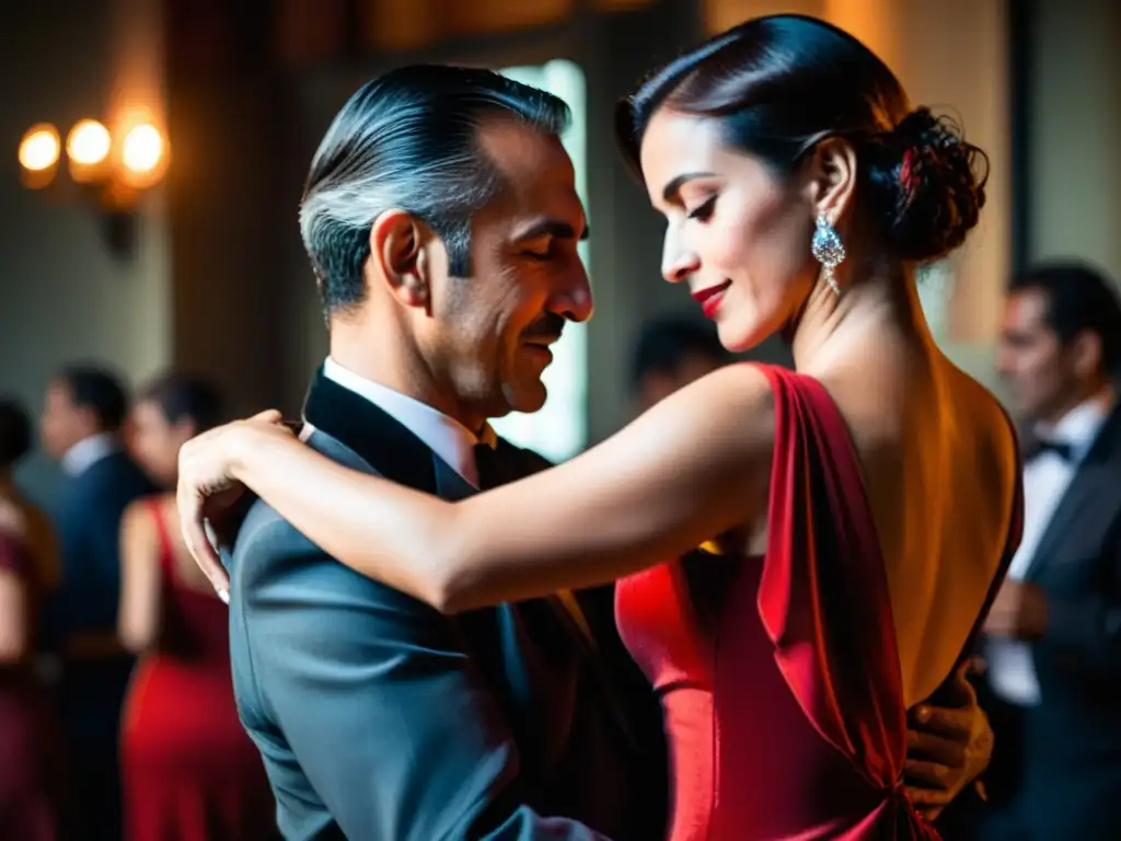 Una pareja baila tango en una milonga vintage de Buenos Aires, con pasos de tango tradicionales, envueltos en pasión y emoción