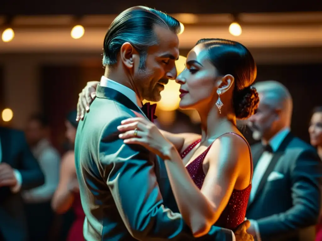 Una pareja bailando tango milonguero en un entorno íntimo y tenue