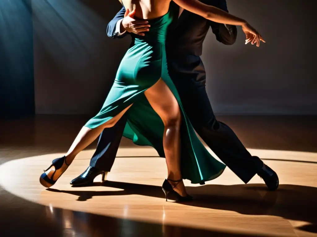 Una pareja baila tango con pasión en la pista, destacando la intensidad de los pasos de tango tradicionales