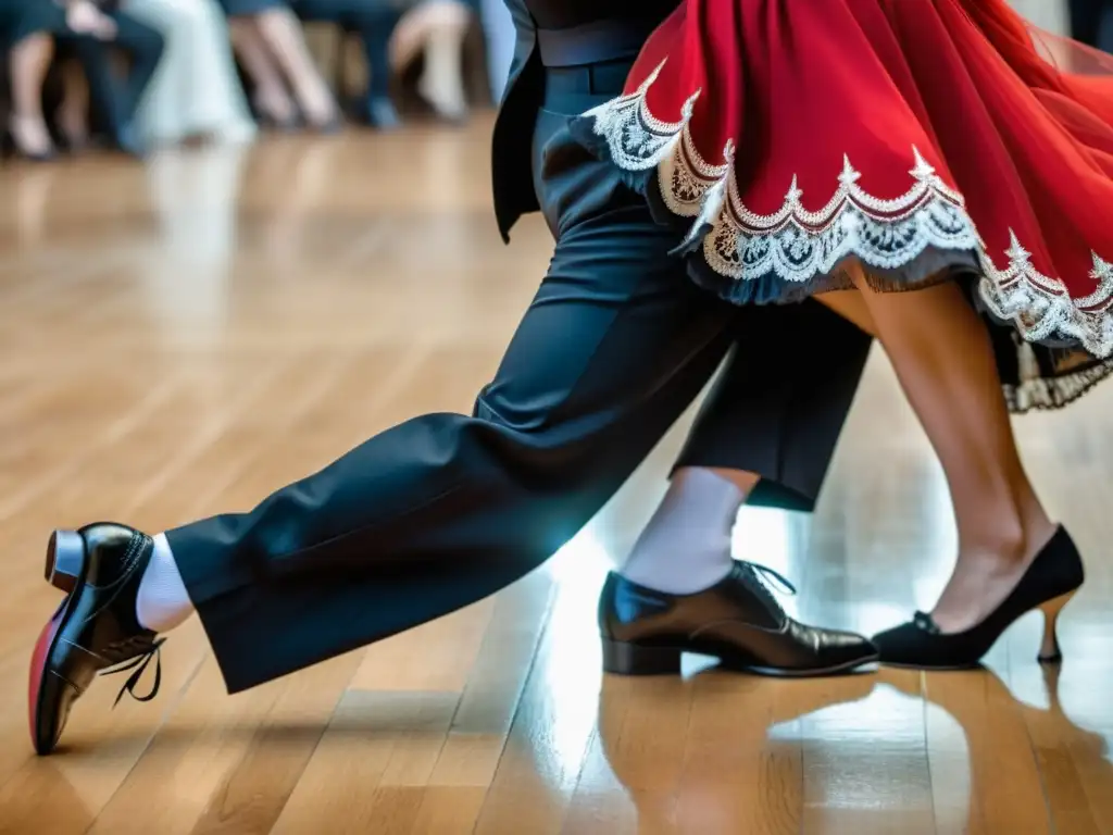 Una pareja bailando tango en traje tradicional argentino bajo la luz de un antiguo salón de tango en Buenos Aires, con pasos de tango tradicionales